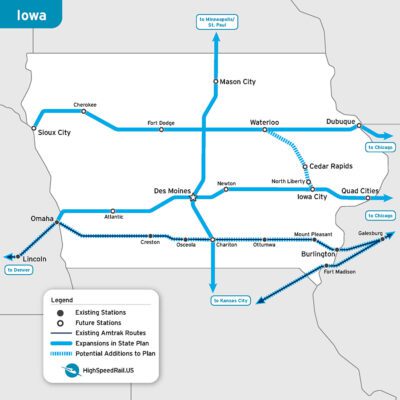 Map of potential passenger rail routes in Iowa as listed in the Iowa State Rail Plan.