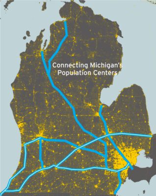 A map showing how the High Speed Rail Alliance vision would connect most of the population of Michigan.