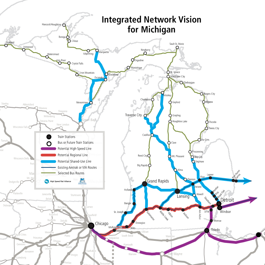 A map of the High Speed Rail Alliance vision for passenger trains in Michigan.
