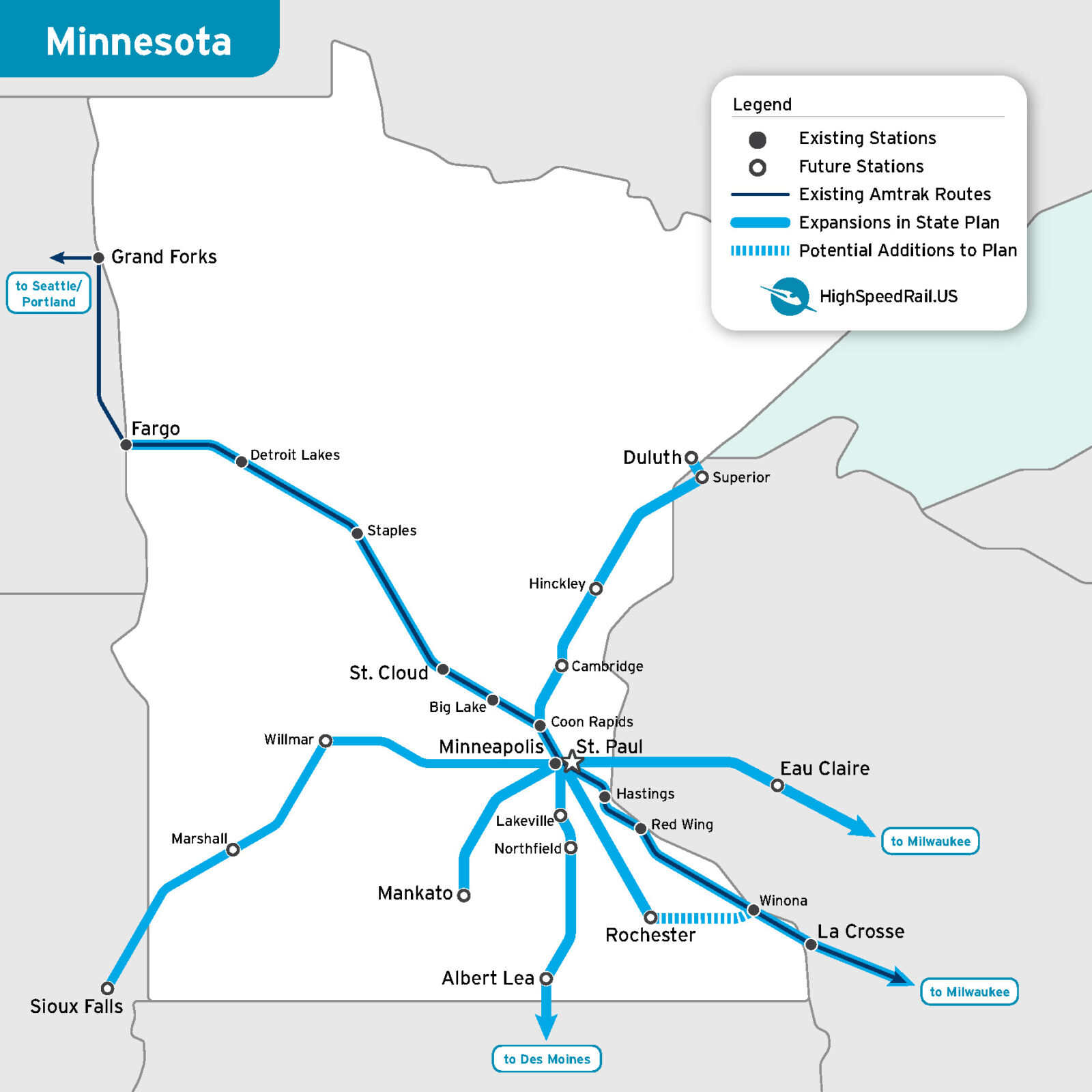 Map of potential passenger rail routes hubbed around Minneapolis - St. Paul.