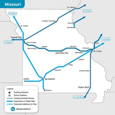 A map of passenger rail routes listed as "to be considered" in th Missouri state rail plan.