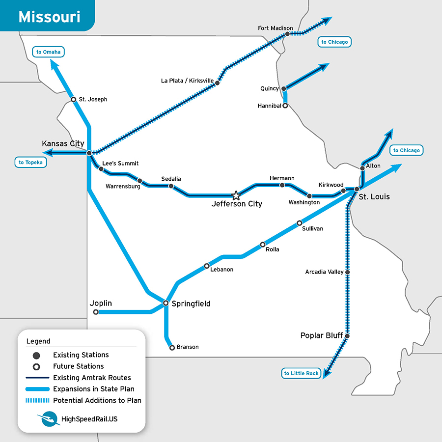 A map of passenger rail routes listed as "to be considered" in th Missouri state rail plan.