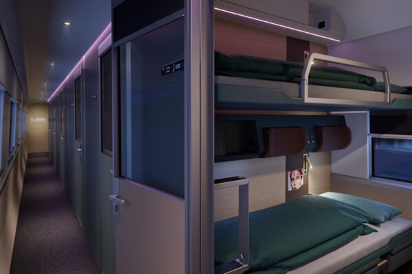 An artists rendering of a bedroom on a Norwegian night train.