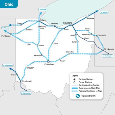 A map of potential passenger rail routes in Ohio.