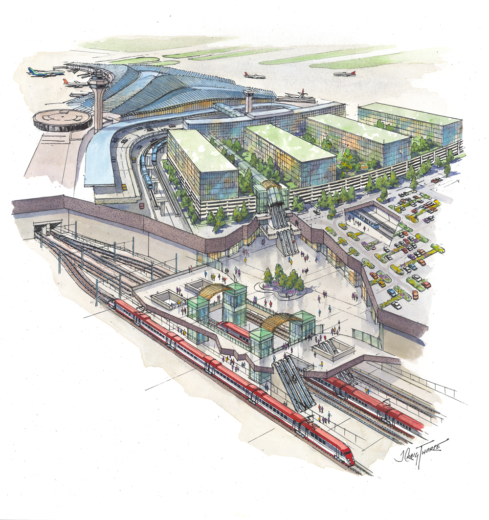 A conceptual drawing of a railroad station in a tunnel under O'Hare Terminal 2