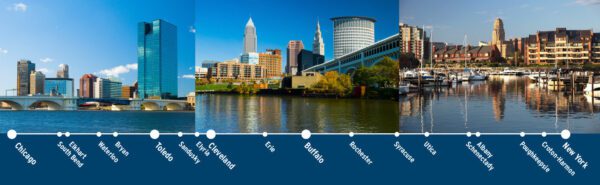 A montage of skyline pictures, Toledo on the left, Cleveland in the center and Buffalo to the right. A line map of stops on the LakeShore corridor is along the bottom.