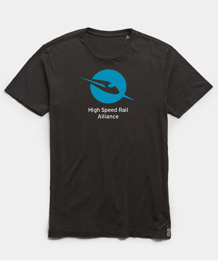 A black T-Shirt with the High Speed Rail Alliance logo on the chest.