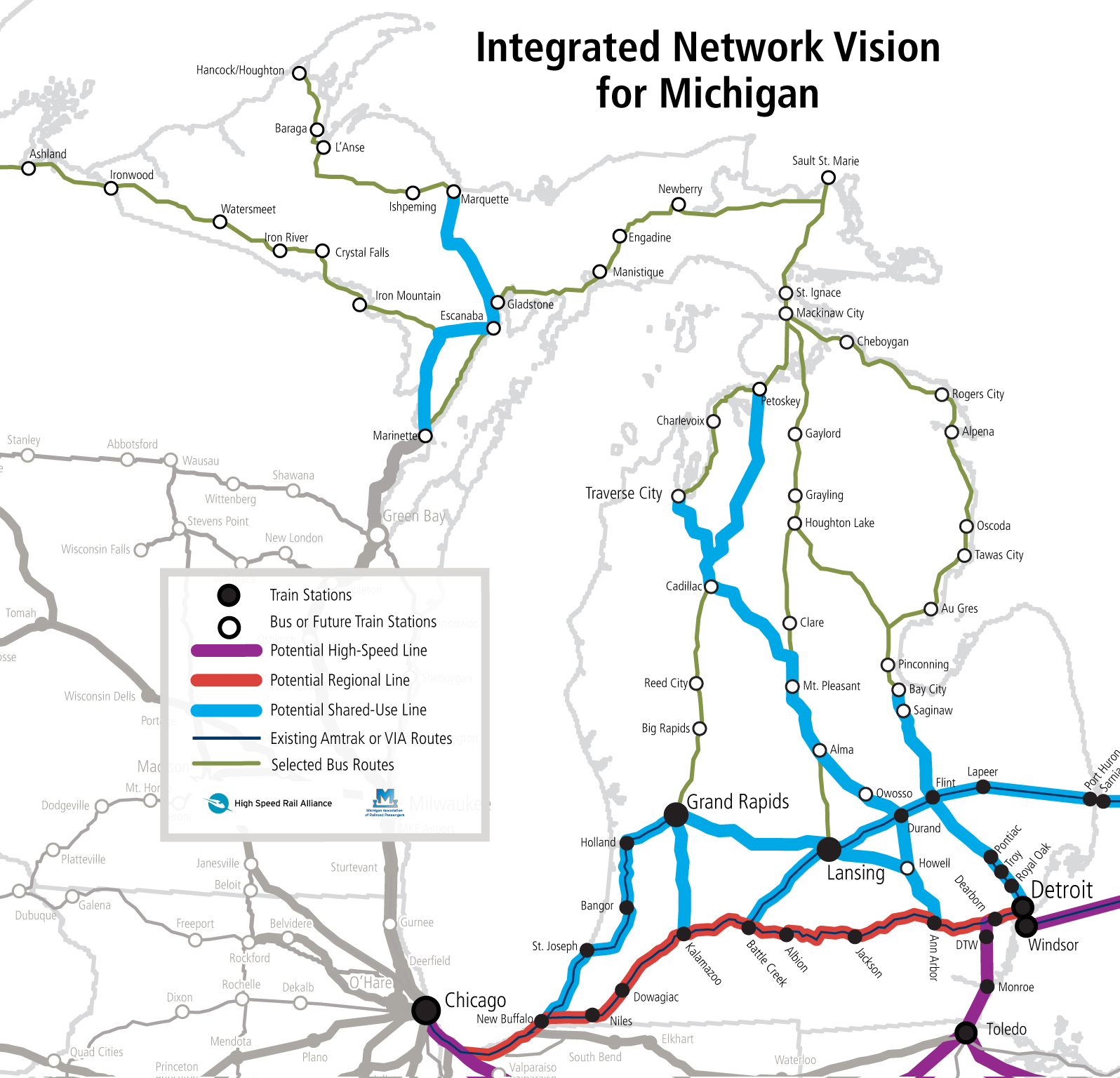 A map of the High Speed Rail Alliance vision for passenger trains in Michigan.