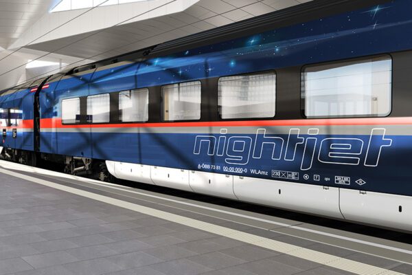 Artists rendering of the side of a new NightJet train in the station.