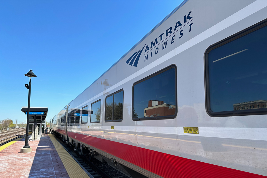 An Amtrak train is stopped in the station at Joliet, IL.