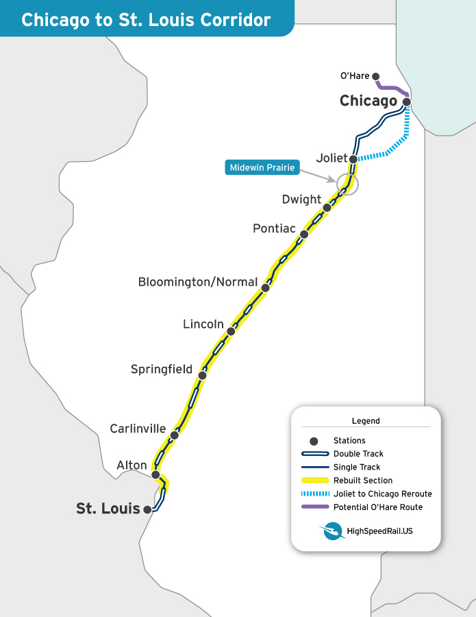 A map of the Chicago - St. Louis corridor showing the location of signle and doulbe track.