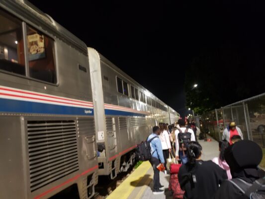 Getting off the train at Carbondale, Illinois. The city has gone to great lengths to preserve its railroad history.