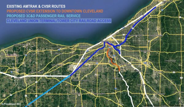 A map showing the existing Amtrak routes along the Cleveland lakefront and a potentional new route into Cleveland's Tower City.