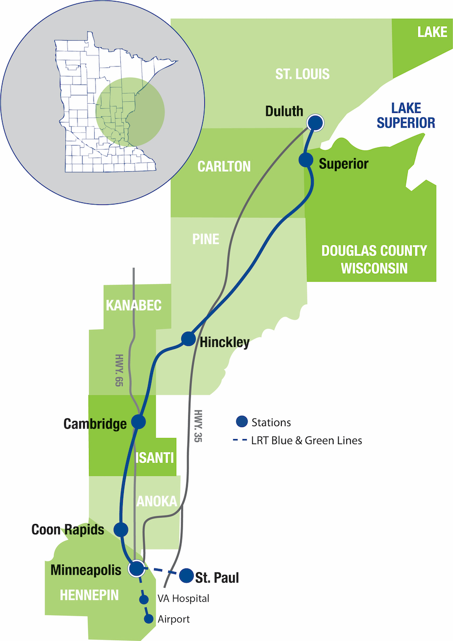 Map of the Northern Lights Express. Route from Twin Cities, with stops in Coon Rapids, Cambridge, Hinckley, Superior and Duluth.