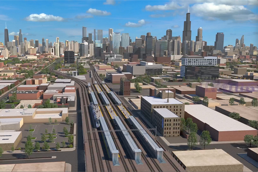 CrossRail Chicago panoramic.  A2 flyover in foreground, Chicago skyline in background.