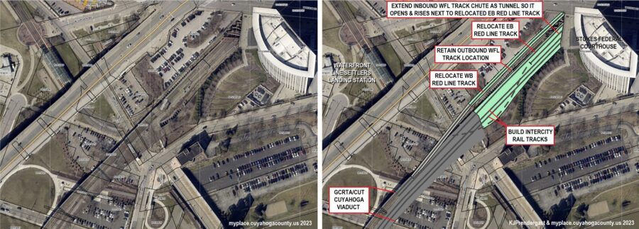 A drawing of a high-rise building obstructing the entrance former tracks into Cleveland Union Terminal and a potential way to restore tracks.