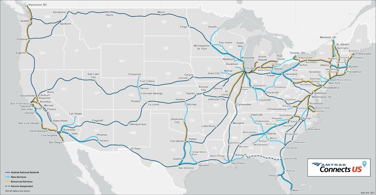 A map of Amtrak's Corridor Vision, with new and improved passenger rail routes.