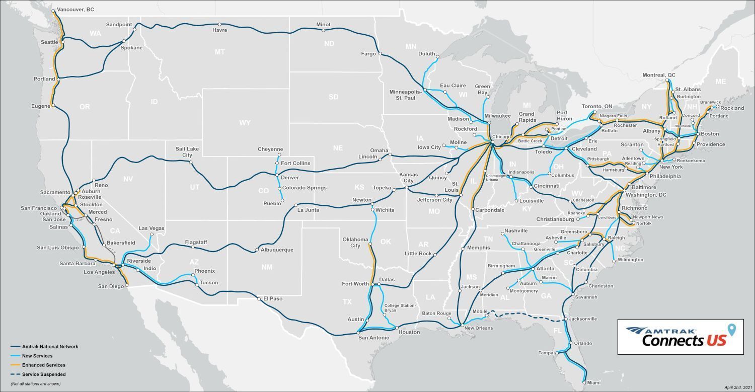 Amtrak_Connects_US_Map_2021 A map of Amtrak's Corridor Vision, with new and improved passenger rail routes.