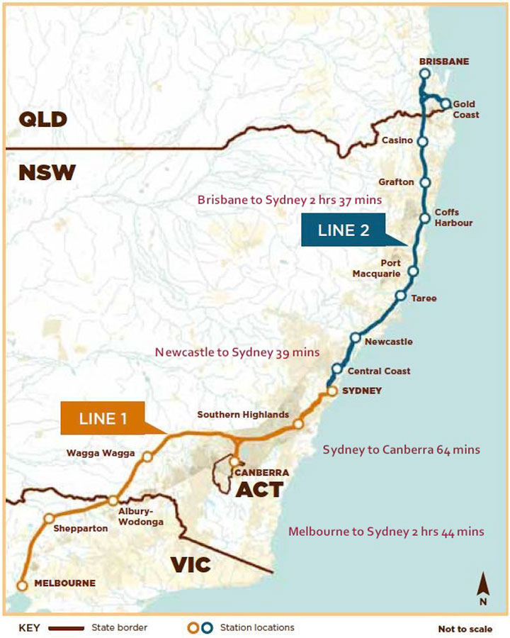  A map of the preferred alignment of Australian east coast high speed rail system in a 2013 report to the Australian Government.<br />
