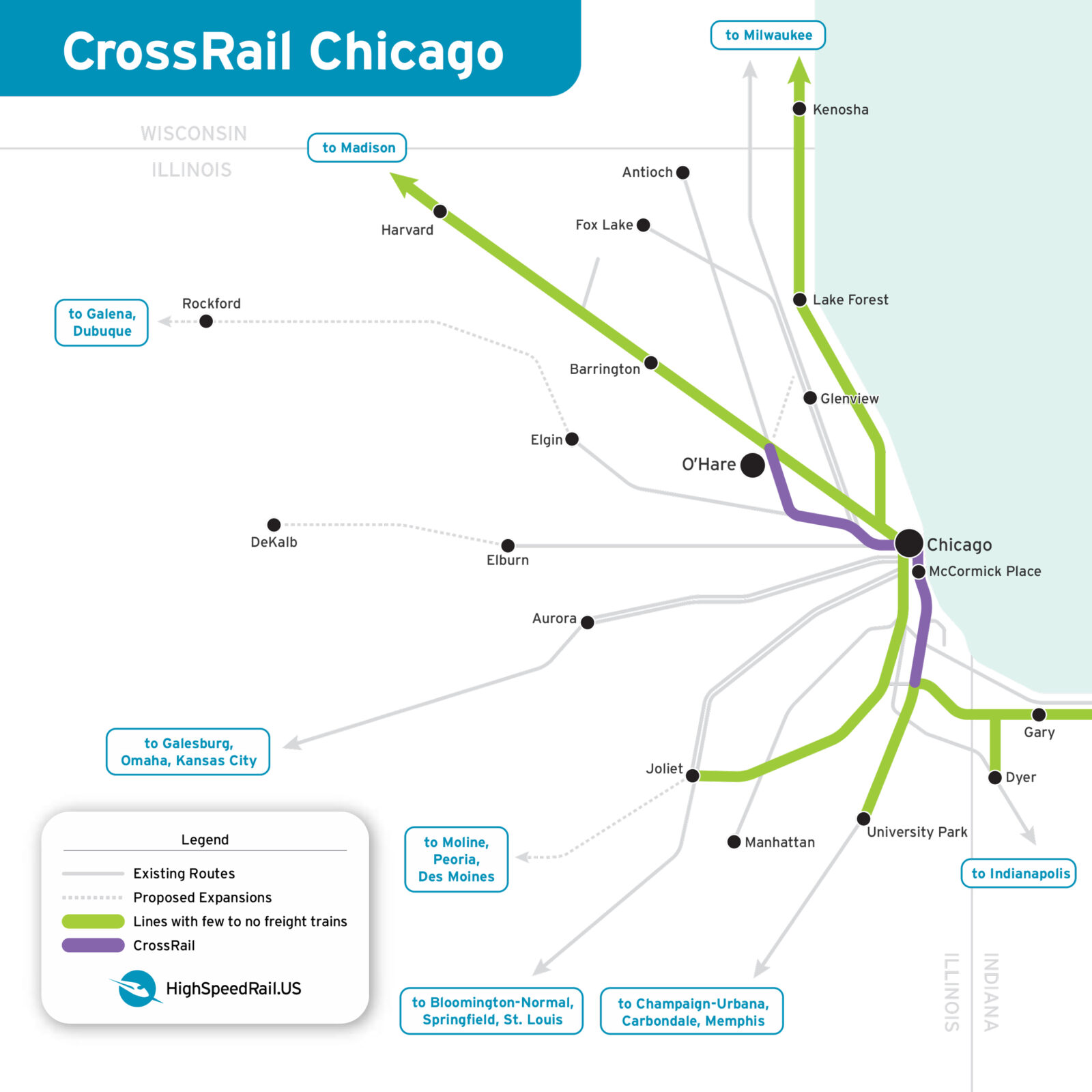 A map showing the existing Amtrka and Metra routes into Chicago.  Four routes with little freight traffic are highlighted in green.  CrossRail Chicago is highlighted in pink.