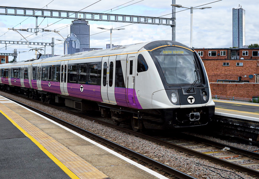 Rendering of a modern EMU at South Station in Boston.