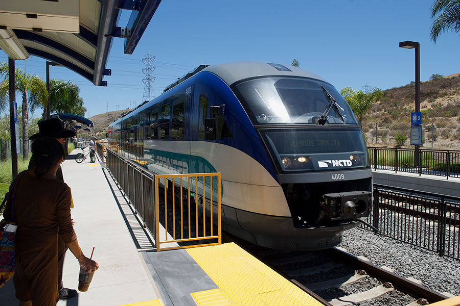 A Sprinter train is pulling into the station in Southern California.