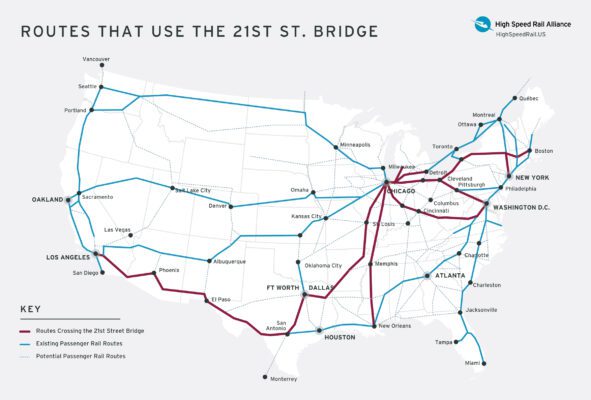 A map showing the Amtrak routes that cross the 21st bridge.