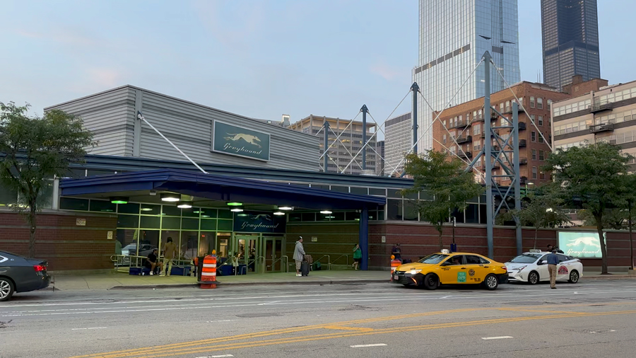 The Chicago Greyhound station is in the foreground. Several high-rises are in the background, demostrating how close the bus station is to downtown.