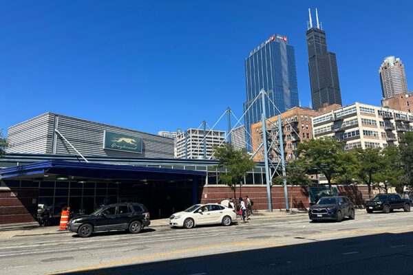The Chicago Greyhound station is in the foreground. Several high-rises are in the background, demonstrating how close the bus station is to downtown.