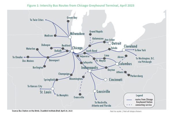 A map demonstrating how Chicago's Greyhound station connects to most major cities in the Midwest