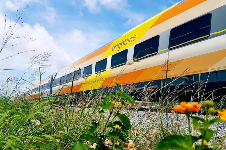 The side of a Brightline coach along the right-of-way.