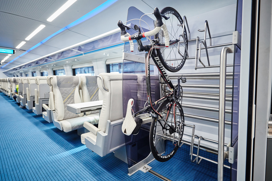 The bike rack on a Brightline coach.