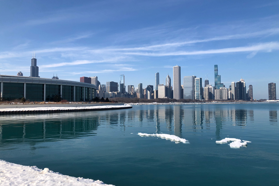 The Chicago skyline with the aquarium in the foreground.