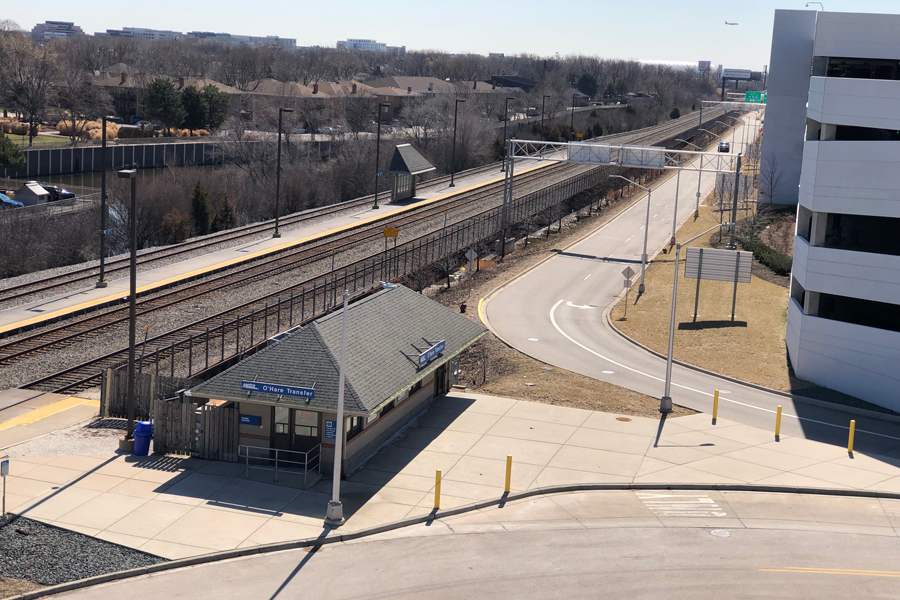 Metra's O'Hare Transfer station is in the lower left corner. the back side of the O'Hare Multi-Modal Facility is to the right.