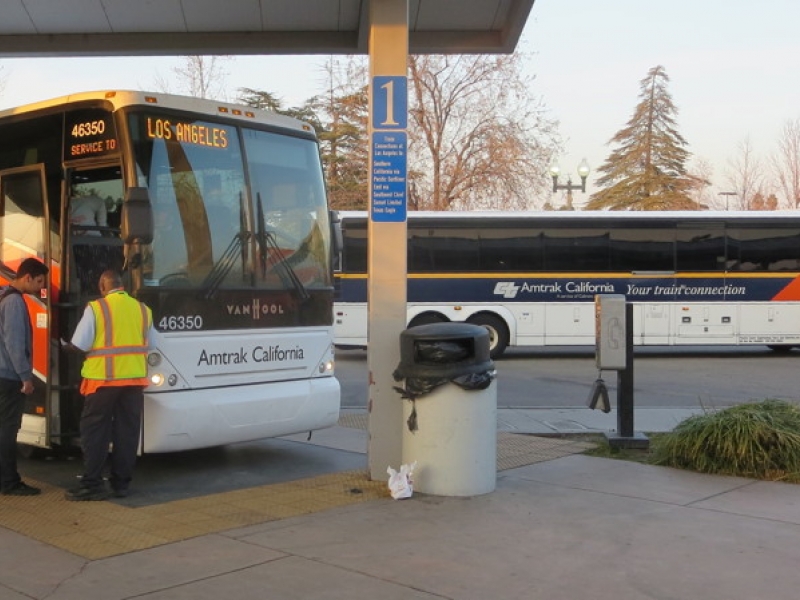 Two Amtrak Thruway buses in the Bakersfield Station.