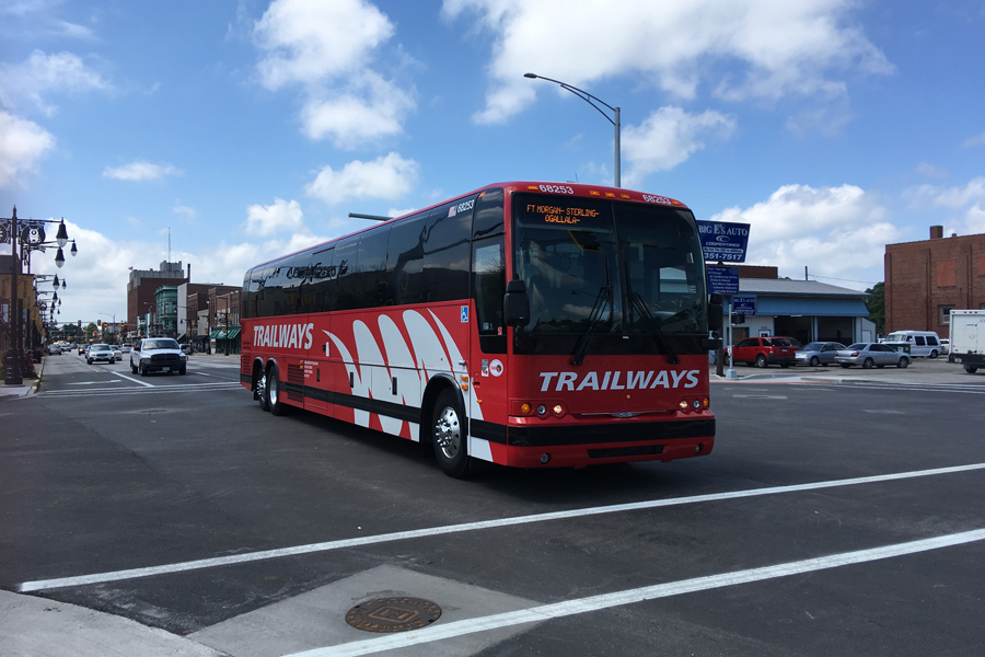 A Burlington Trailways bus in downtown Galesburg, IL.