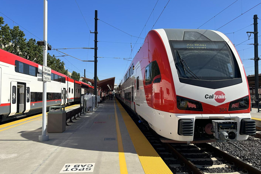A new Caltrain EMu is parked at San Jose Ca station for public tours.
