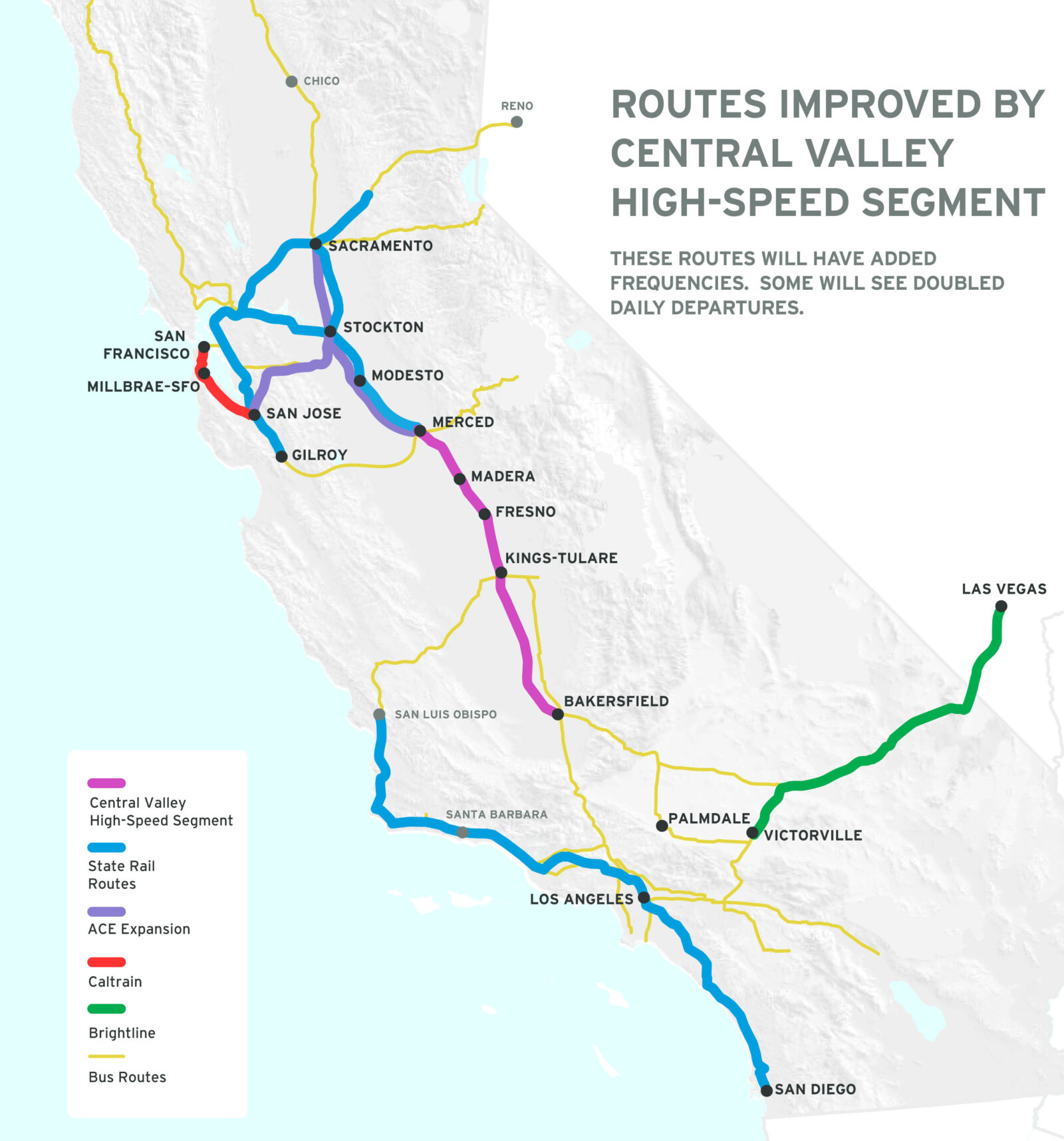A Map showing most of the bus and train routes that will see improvement from the Central Valley high-speed line.