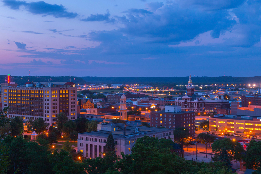 The Dubuque skyline at night.