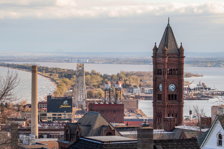 The Duluth skyline looking east with the central high school clock tower tower in the foreground.