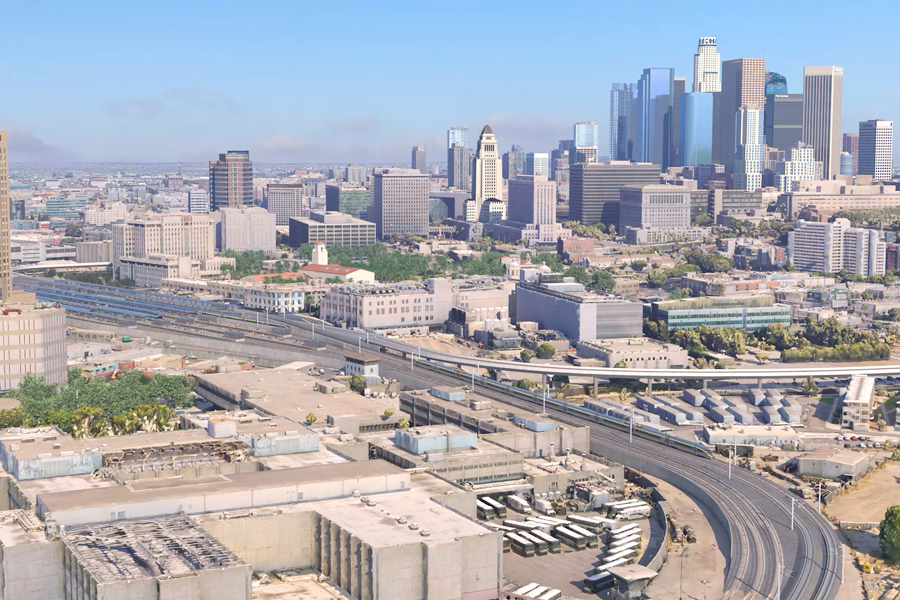 A conceptual drawing with the Los Angeles skyline in the background and the rebuilt Los Angeles Union Passenger Terminal in the foreground.