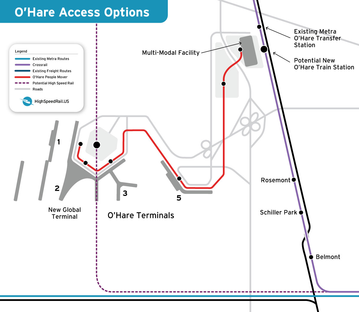 A map showing the potential station sites at O'Hare.