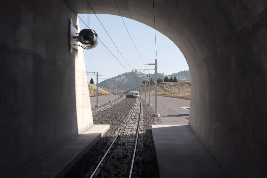 A conceptual rendering looking out the portal of the Tehachapi Pass tunnel at a train headed south.