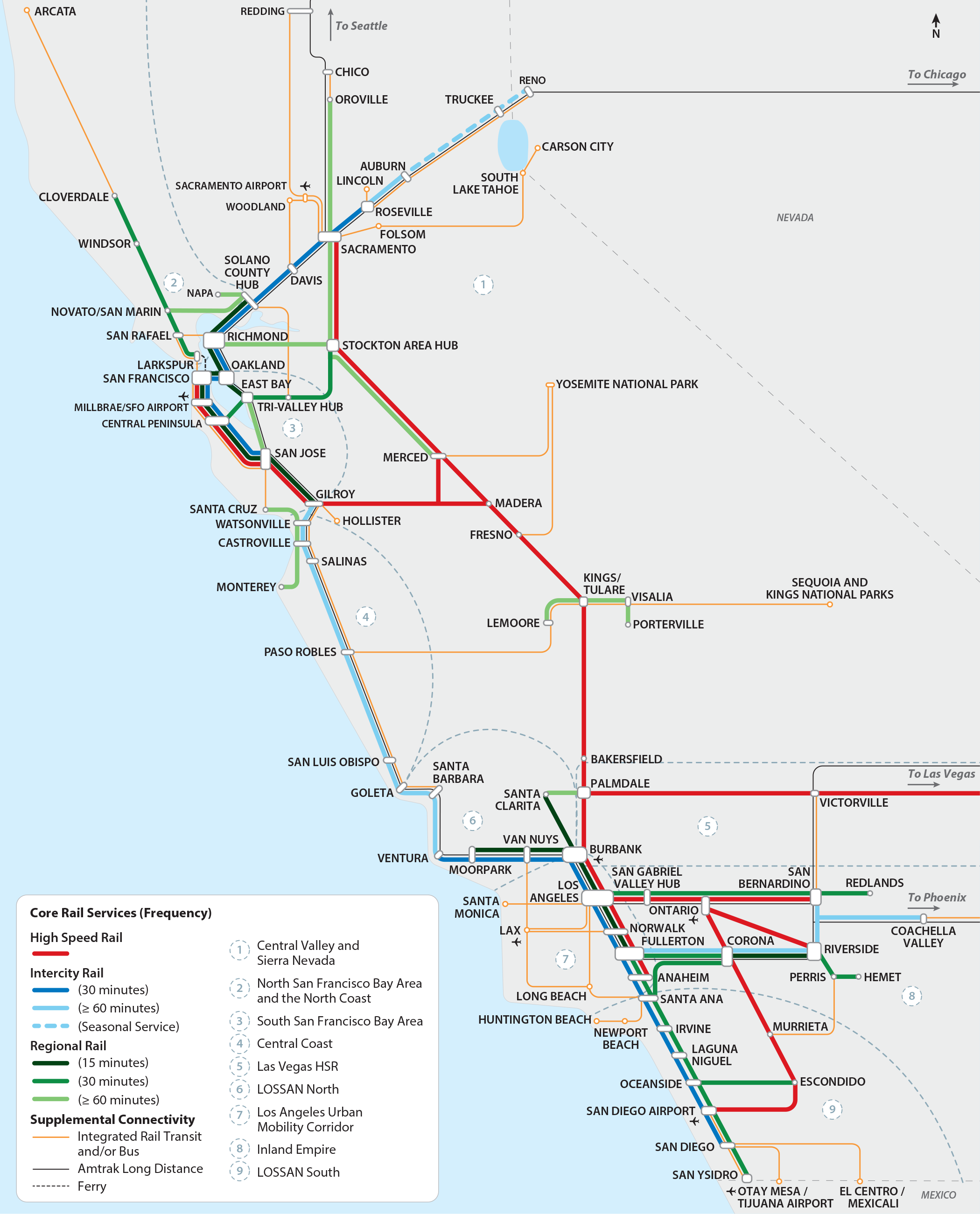 A map of California's proposed passenger rail network proposed in 2018.