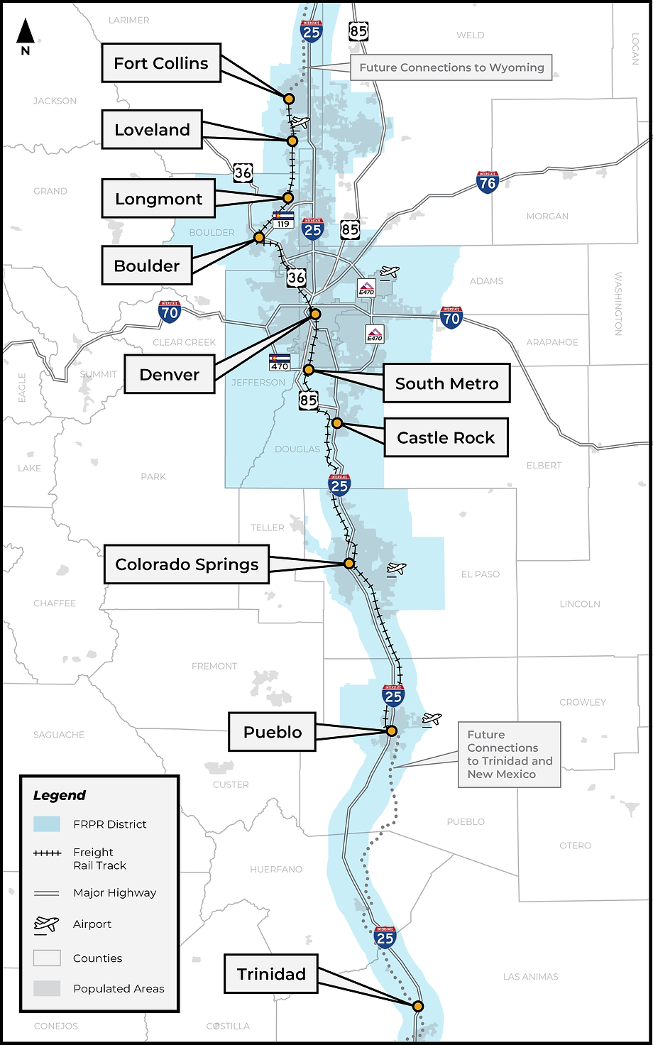 A map of the proposed Front Range Corridor in Colorado.
