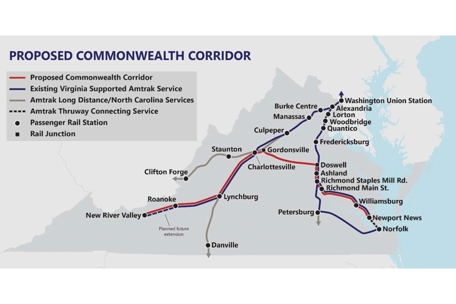 A map of the proposed Commonwealth Corridor across Virginia.