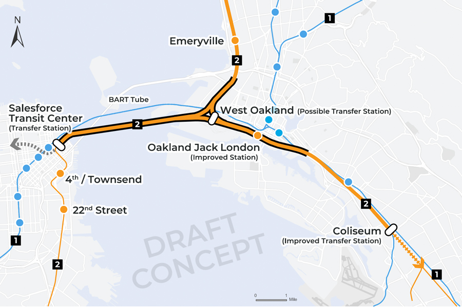 A map showing a potential new railroad tunnel under the San Francisco Bay.