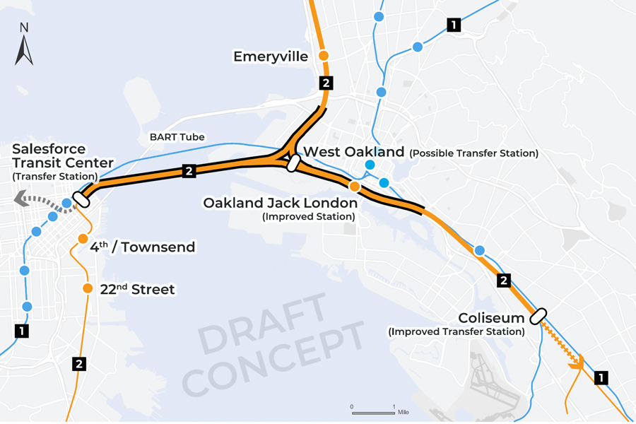 A map showing a potential new railroad tunnel under the San Francisco Bay.
