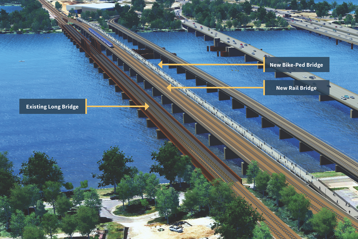 A conceptual rendering showing how the new Long Bridge will fit between the old Long Bridge and the subway bridge.  