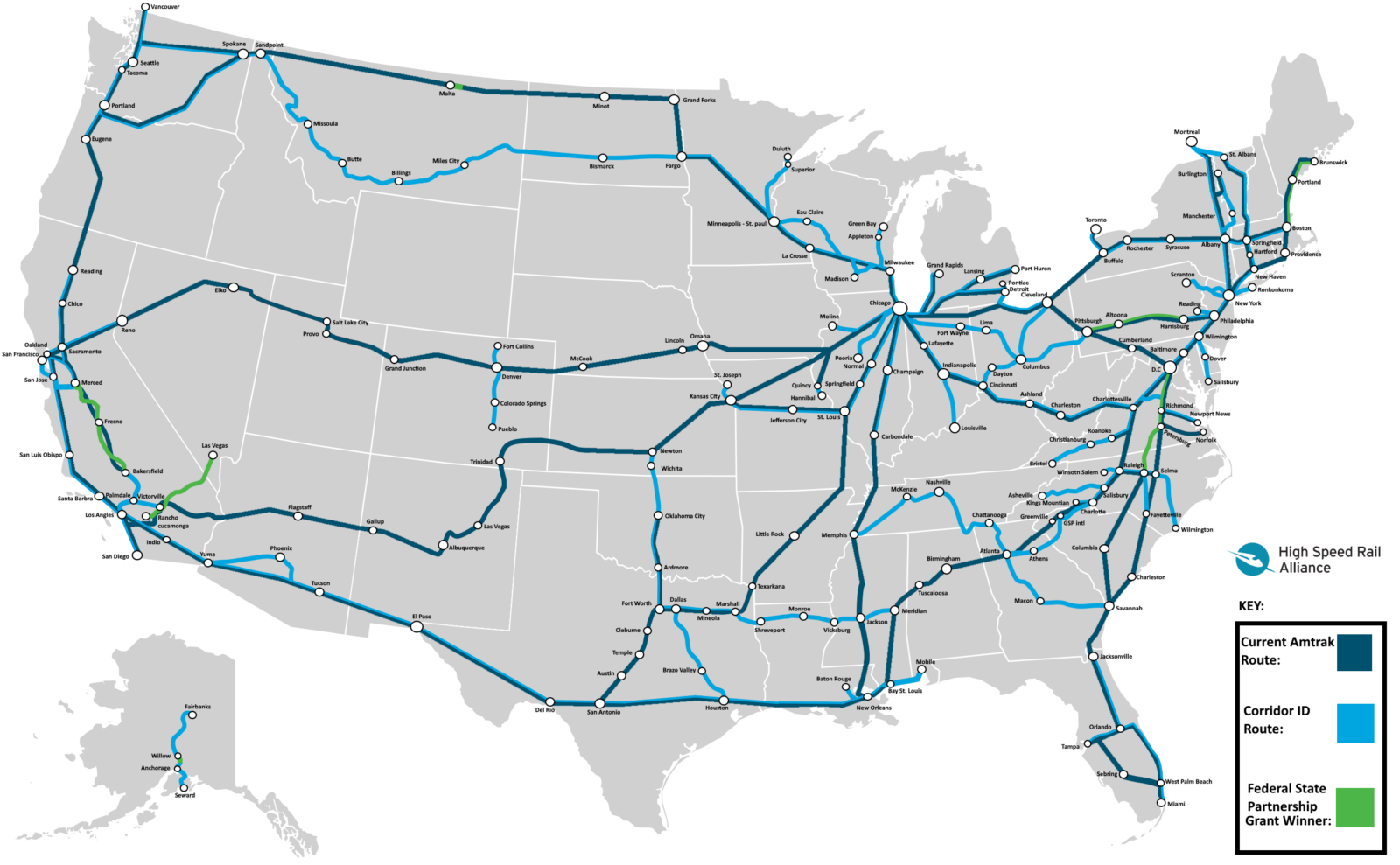A map of existing Amtrak routes, routes with fed-state partnership grants and Corridor ID grants, as of 12/8/23